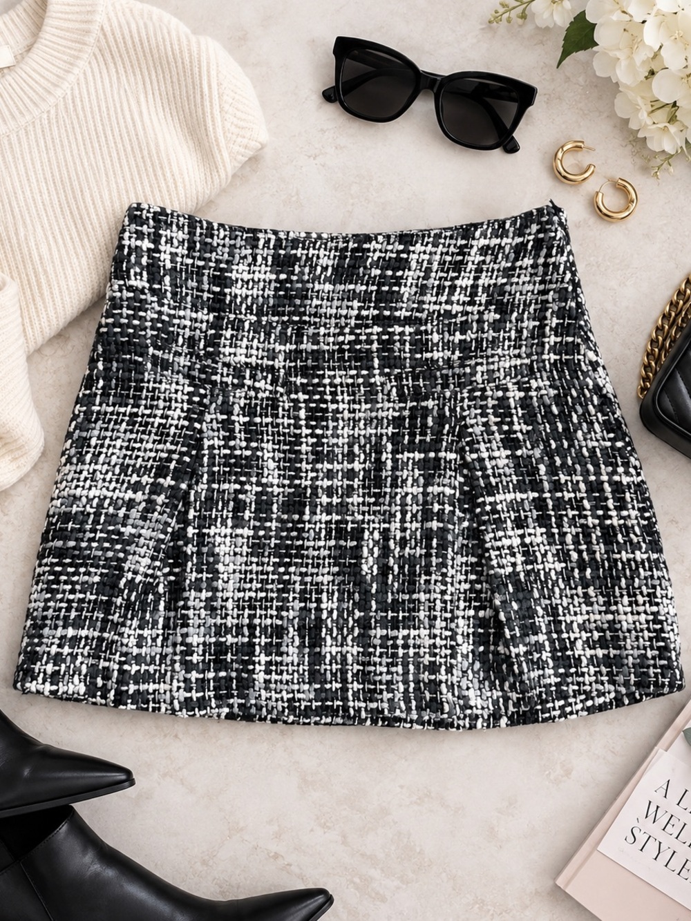 Xanaka Black White Tweed Mini Skirt Textured A-Line 16” Waist